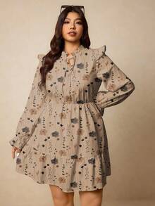 Elaquor Vestido casual de manga larga con cuello de lazo, volantes y estampado floral para mujer de talla grande, apto para primavera/invierno - Multicolor 2 - Ver 6