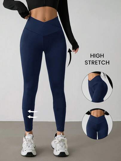 SHEIN PETITE Women's Fashionable Solid Color Elastic V-Waist Skinny Pants High Waist Leggings Criss-Cross Waist Leggings Women Leggings Navy Blue Leggings