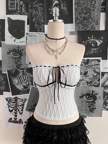 Attitoon Women's Y2K Contrast Lace Front Tie Camisole Top - White - View 5