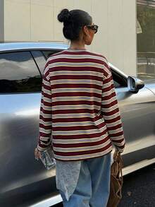Muchica 大码宽松圆领落肩长袖条纹T恤 - 酒紅色 - 查看 2