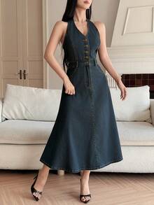DAZY Đầm denim không tay dáng rộng có túi dành cho nữ, thích hợp cho mùa hè. - Rửa trung bình - Xem 6