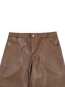 Manfinity EMRG Calça de Couro PU Marrom Plus Size para Homens, Calça Casual Reta Solta, Fashionable e Versátil - Castanho - Visão 4