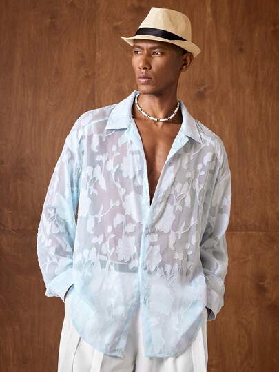 AKNOTIC Business Casual Camicia casual da uomo a maniche lunghe con bottoni e semi-trasparente sul davanti