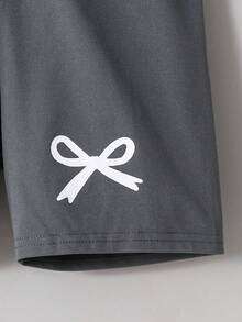 2件套少女休闲时尚宽松蝴蝶印花T恤和修身骑行短裤套装 - 深灰色 - 查看 3