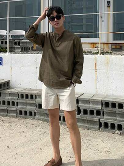 DAZY Men's Solid Color Long Sleeve T-Shirt And Shorts Casual Suit, Summer