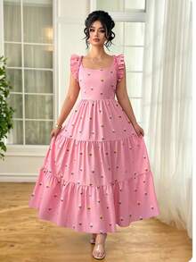 Elenzga 大码女式优雅春夏粉色碎花A字连衣裙，腰部收紧，肩部褶裥设计，巧妙遮掩腹部。适合毕业典礼、节日、情人节、音乐节、母亲节、万圣节、感恩节、复活节、国庆节、晚会、约会、派对、婚礼和户外活动等场合。 - 粉色 - 查看 6