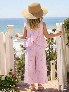 SHEIN 2pcs Young Girl Woven Striped Bow Decor Casual Camisole And Pants Set Young Girl Pant Set Girls Pink Stripe Set Young Girls Cami And Wide Leg Pants Set Girls Pink Two Piece Set Girls Two Piece Pant Set Girls Pink Pajama Set - Pink - View 5