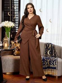 Modelyn 大码女式纯色裹身系带长袖衬衫和阔腿裤休闲两件套 - 咖啡棕 - 查看 6
