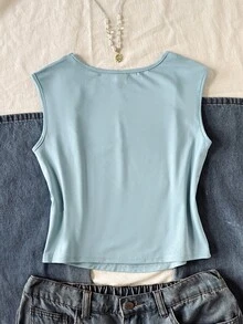 SHEIN Maglietta a maniche corte in maglia a tinta unita con scollo quadrato, decorata con merletto, fiocco e maniche arricciate, stile minimalista casual, adatta a ragazze pre-adolescenti, per la primavera/estate - celeste - Visualizzare 2