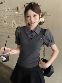 DAZY 女士撞色格纹 Polo 领休闲 T 恤，春夏款 - 黑色 - 查看 3