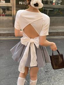 DAZY Women's Bow Tie Backless Round Neck Fitted Elastic Minimalist Sexy Top T-Shirt - White - View 6