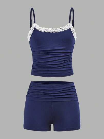 SHEIN Girlism Tween Girls Casual Homewear Floral Trim Camisole And Shorts Set, Comfortable & Minimalist