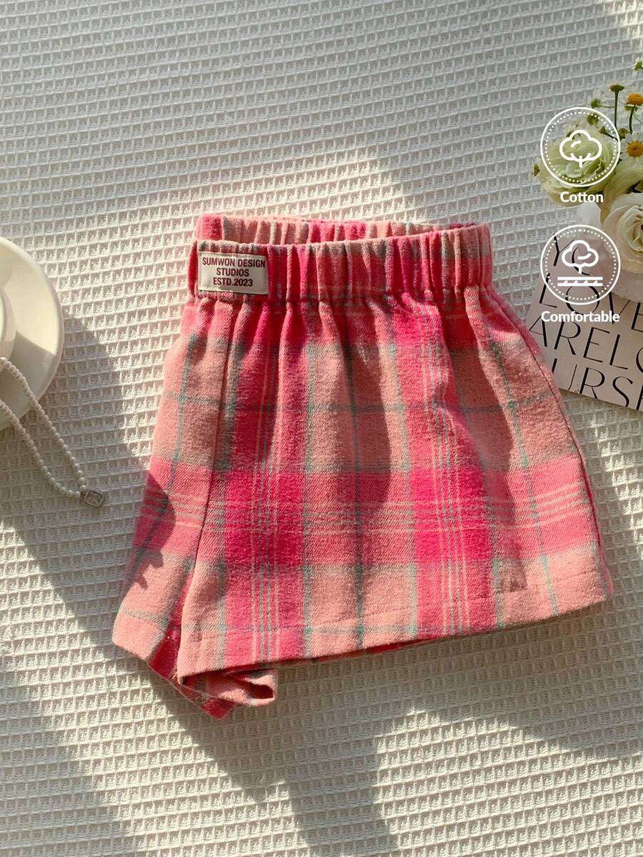 CovetEZ Women's Letter Printed Elastic Waist Patch Casual Shorts, Non-Stretch - Pink - View 1