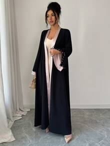 Al Najma Women's Elegant Minimalist Contrast Color Cuff Rhinestone Embellished Long Sleeve Abaya - Black - View 4