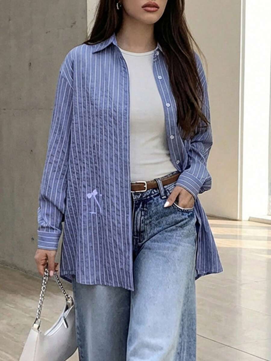 Solavon New Korean Style Embroidered Striped Loose Casual Everyday Versatile Shirt - Blue - View 1