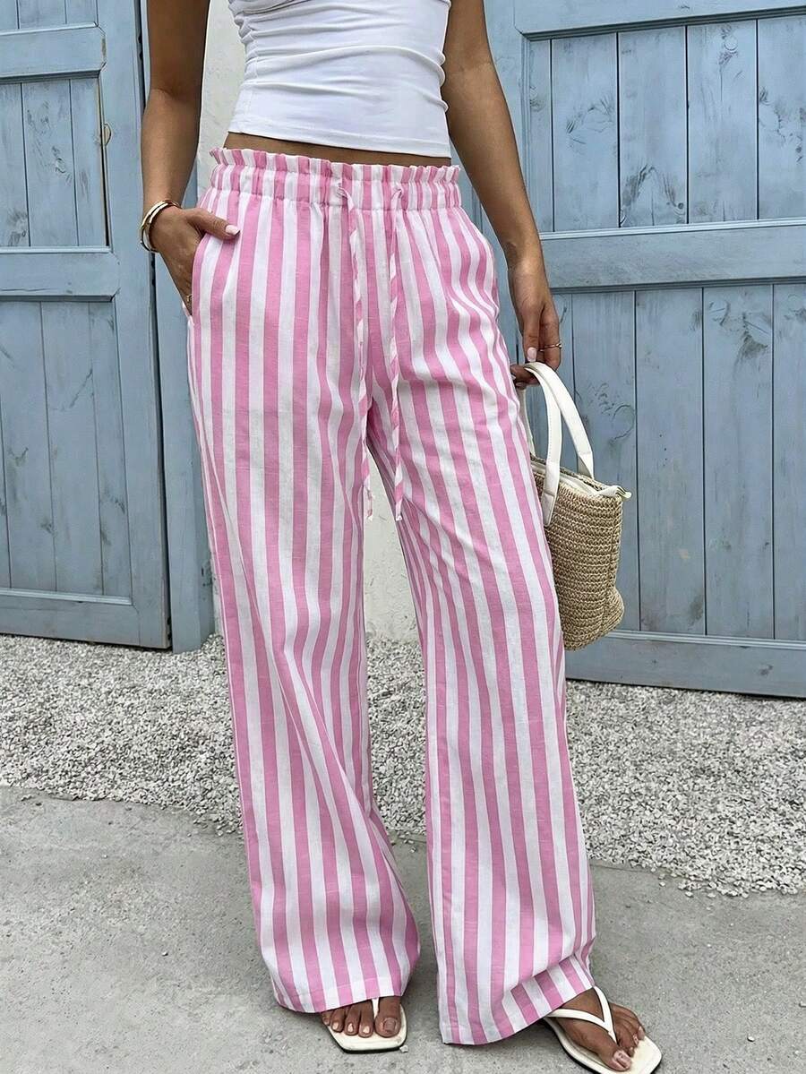 SHEIN EZwear 粉色条纹梭织休闲阔腿裤，适合女士穿着，也适合海滩度假 - 粉色 - 查看 1
