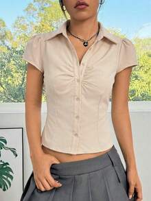 SHEIN EZwear 杏色梭织褶皱胸前系带修身短袖衬衫 - 杏色 - 查看 4