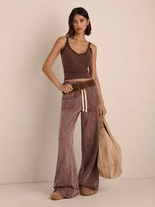 Easelle Dark Brown Solid Color Drawstring Waist Loose Casual Pants, Washed Long Pants With Snowflake Pattern - Brown - View 3