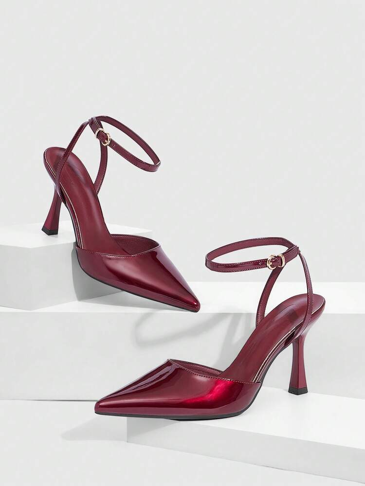 CUCCOO SZL Women Shoes Pointed Thin High Heel Burgundy Ankle Strap Empty Women's High Heel Shoes Simple Temperament Fashion Sexy Party Banquet Women's High Heel Shoes Women's Shoes Spring Shoes