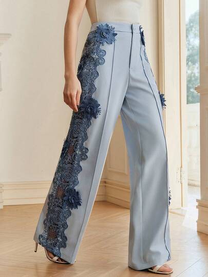 Anewsta Elegant Design Sense Side Lace Patchwork 3D Floral Hollow Out Straight Leg Women Pants