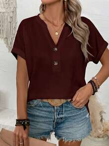 EMERY ROSE Plus Size V-Neck Button Loose Raglan Short Sleeve T-Shirt - Burgundy - View 4