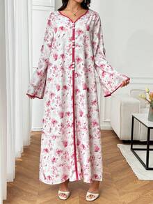 Yasmyna 花卉印花纽扣V领优雅长袖连衣裙 - 彩色 - 查看 2