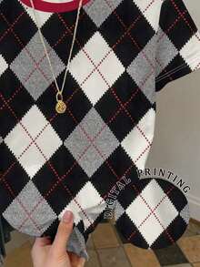 Resyla 女士休闲菱形印花撞色滚边圆领短袖T恤，夏季 - 彩色 - 查看 4