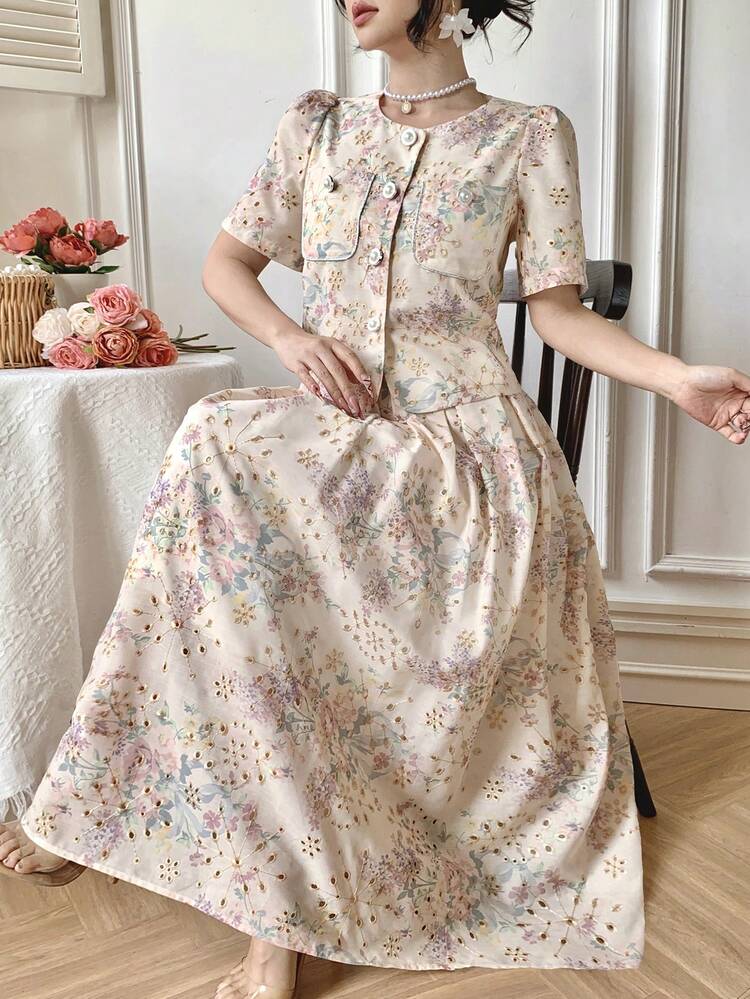 Women's Elegant Floral Print Round Neck Puff Sleeve Pocket Shirt & A-Line Skirt 2-Piece Set, Summer