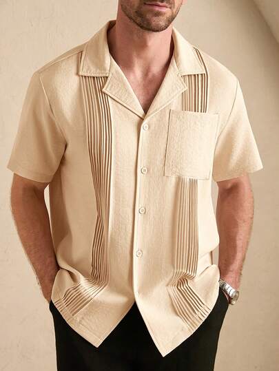 Core Aspect Cotton And Linen Style, Casual And Simple Style, Men's Solid Color Textured Fabric Casual Short-Sleeve Shirt, Suitable For City Casual Commuting And Dating, Classic Tycoon Style, Casual And Simple Style.