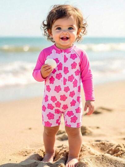 SHEIN Baby Girl Floral Print Half Zip Color Block Long Sleeve Swimsuit