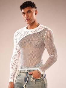 FeverCity Men's Contrast Lace Hollow Design Round Neck Long Sleeve T-Shirt - White - View 2