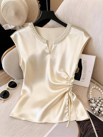 Franclia Women's Solid Color Minimalist Casual Pearl Decor Tie-Up Blouse