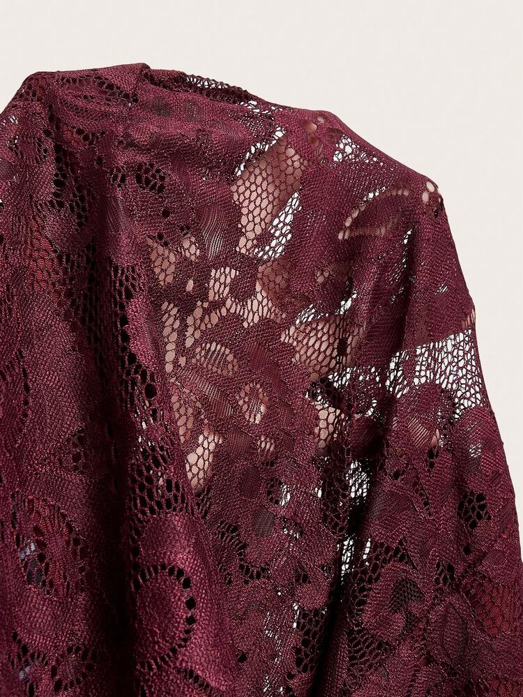 Firerie 女士夏季优雅白色蕾丝荷叶袖镂空腰身连衣裙，适合单身派对和婚礼季穿着 - 酒紅色 - 查看 5