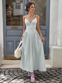 Siren Gaze 女士休闲条纹交叉露背无袖连衣裙 女士夏季连衣裙 休闲夏季连衣裙 吊带连衣裙 女士休闲连衣裙 - 綠色 - 查看 3