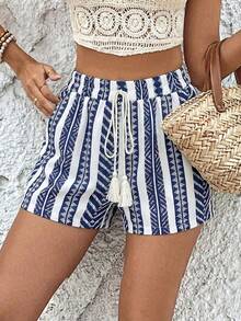 SHEIN Frenchy Quần short họa tiết hình học, dây rút eo, tua rua phía trước, kiểu dáng mùa xuân. - Màu xanh hải quân - Xem 3