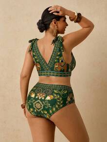 Travachic 大码热带印花度假休闲沙滩露背波西米亚风印花女式两件套泳衣 - 墨綠色 - 查看 2