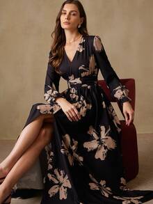 EMERY ROSE Elegant Women's Minimalist Contrast Color Print V-Neck Waist Flared Long Sleeve Dress - Multicolor - View 2