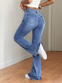 SHEIN Tall Spring To Summer Women's Casual Everyday Commuting Stretch Comfort Denim Fabric With Contrasting Pocket Design Pocket Button Casual Versatile Daily Wear Flared Denim Jeans - Light Wash - View 2