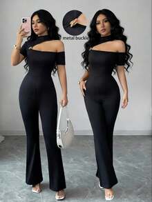 Elenzga 女士黑色高领金属纽扣不对称肩部修身连体裤，喇叭袖设计，优雅时尚，适合生日、约会、派对、正式场合、鸡尾酒会、音乐节、情人节、复活节、劳动节、返校季、光棍节、春夏等各种场合。 - 黑色 - 查看 3