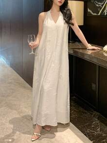 DAZY Women's Solid Color Minimalist Sleeveless Mid-Length Dress, Casual Everyday Wear Summer Sun Dresses For Women - White - View 4
