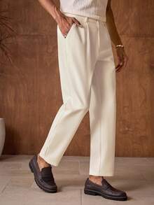 AKNOTIC Business Casual 男士复古商务休闲亚麻西装裤，采用低弹涤纶粘胶混纺面料，修身剪裁，适合夏季穿着。 - 杏色 - 查看 4