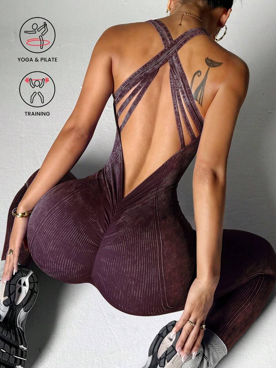 Slayform 1 件女士水洗哑光交叉后背 V 领运动连体裤，适合中国新年 - 中紫紅色 - 查看 1