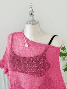 SHEIN EZwear 大码女式夏季外出及海滩度假荷叶边半透明钩针毛衣 - 玫紅色 - 查看 4
