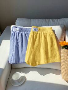 Comfortcana 女士夏季休闲宽松短裤两件套，包括亚麻蝴蝶结条纹短裤和米色抽绳裹身短裤，适合海滩度假，超短款。 - 彩色 - 查看 4