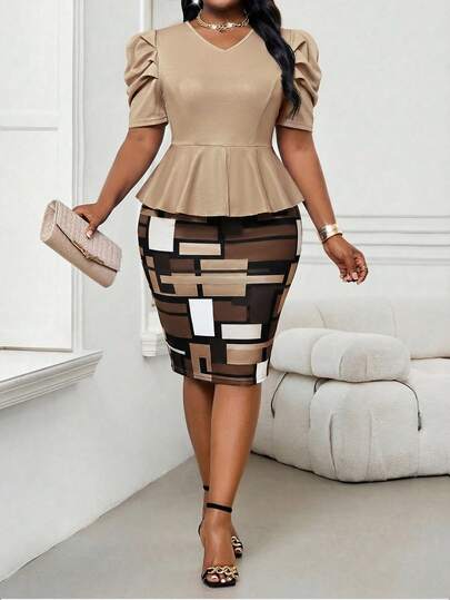 SHEIN Lady Spring And Summer Autumn And Winter Elegant Party Wedding Cocktail Party Colorful  V Neck Bishop Sleeve Plus Size Co-Ords 2 Piece Sets Woman Skirt Elegant 2 Piece Set 2 Piece Dress Set 2 Piece Sets Woman Classy Peplum Dress Spring Outfit Women