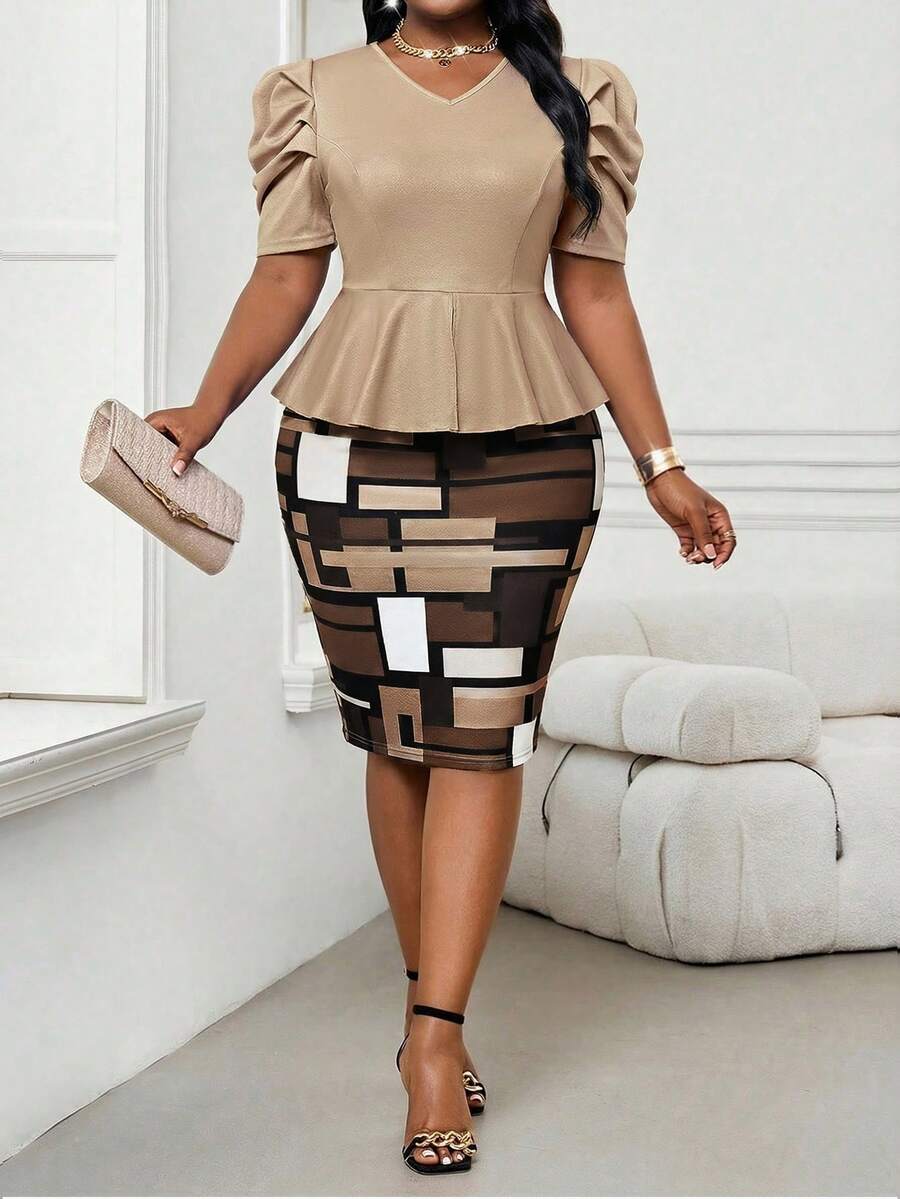 SHEIN Lady 春夏秋冬优雅派对婚礼鸡尾酒会圣诞节彩色紫色V领主教袖加大码套装 - 卡其色 - 查看 1