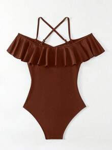 SHEIN Swim Traje de baño de una pieza con volantes de unicolor para mujer, ajuste ceñido para el verano - Marrón - Ver 7