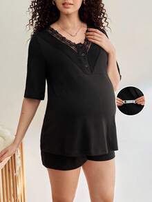 Moonlight&Mama 蕾丝拼接舒适休闲家居服套装，易于穿着，适合哺乳期和孕期女性 - 黑色 - 查看 5