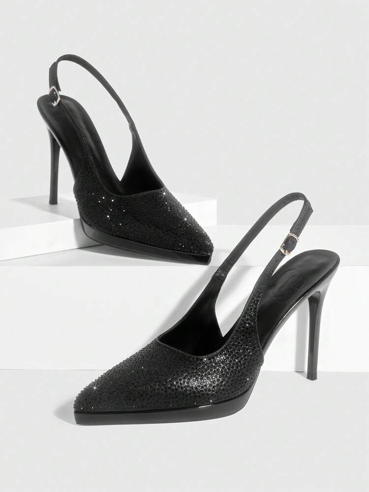 CUCCOO SZL Women Shoes Women's Pointed Thin High Heel Height Water Platform Black Rhinestone Women's High Heel Shoes Slingback Slingback Shoes Wedding Party Banquet Nightclub Stylish Gorgeous Simple High Heel Women's Shoes Spring Shoes
