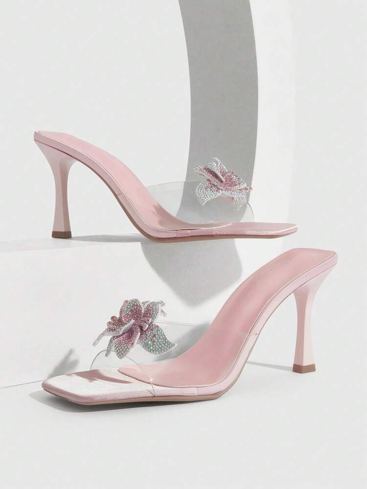 CUCCOO SZL Women's Square Toe High Heel Shoes, Sexy Fashion Glamorous Slip-On Transparent Rhinestone Embellished Floral Mule Sandals, Suitable For Dresses, Party, Nightclub Valentine's Day Prom Heels
